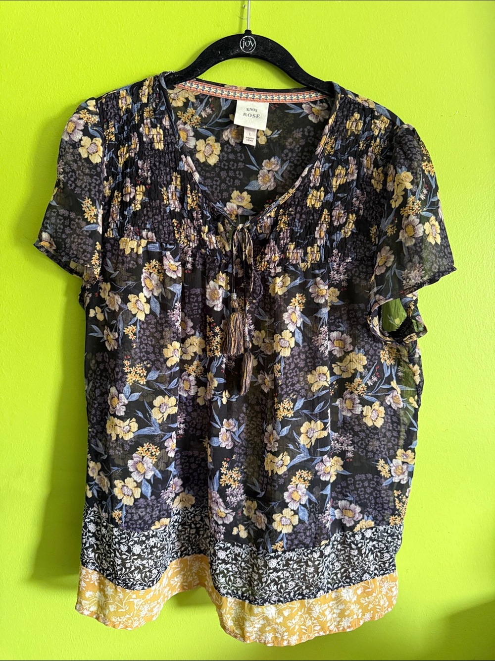 Knox Rose Black Floral Sheer Boho Flowy Blouse Shirt Top Size L